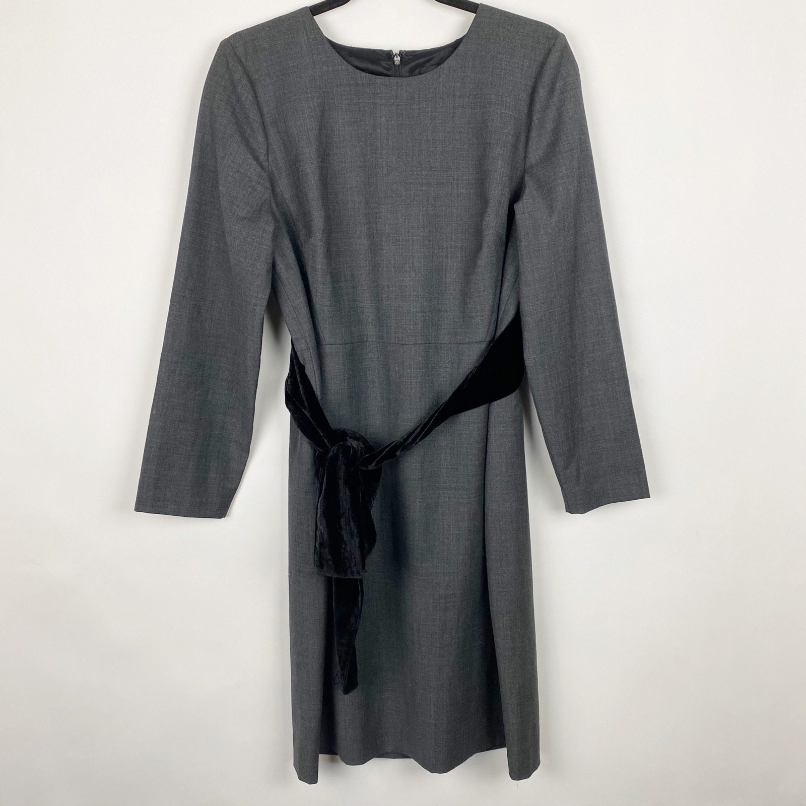 J.Crew Day To Night Exeter Gray Wool Blend Velvet Tie Sheath Dress Women Size 12